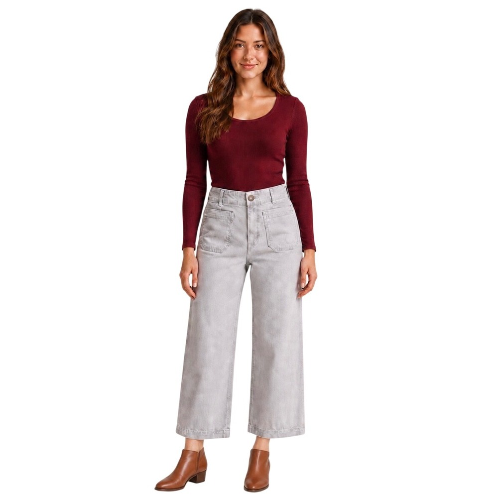 Maeve Anthropologie The Colette Wide Leg Pants Gray 28 High Rise Cropped Stretch